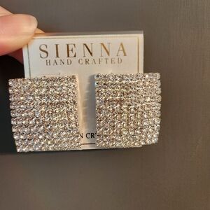 Silver Pave Square Button Stud Earrings Crystals Statement